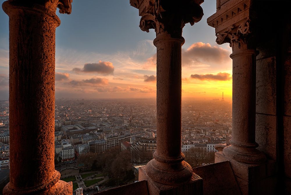 Sunset in Paris-France from the screecher with distant Eiffel Tower art print by Steve Mohlenkamp for $57.95 CAD